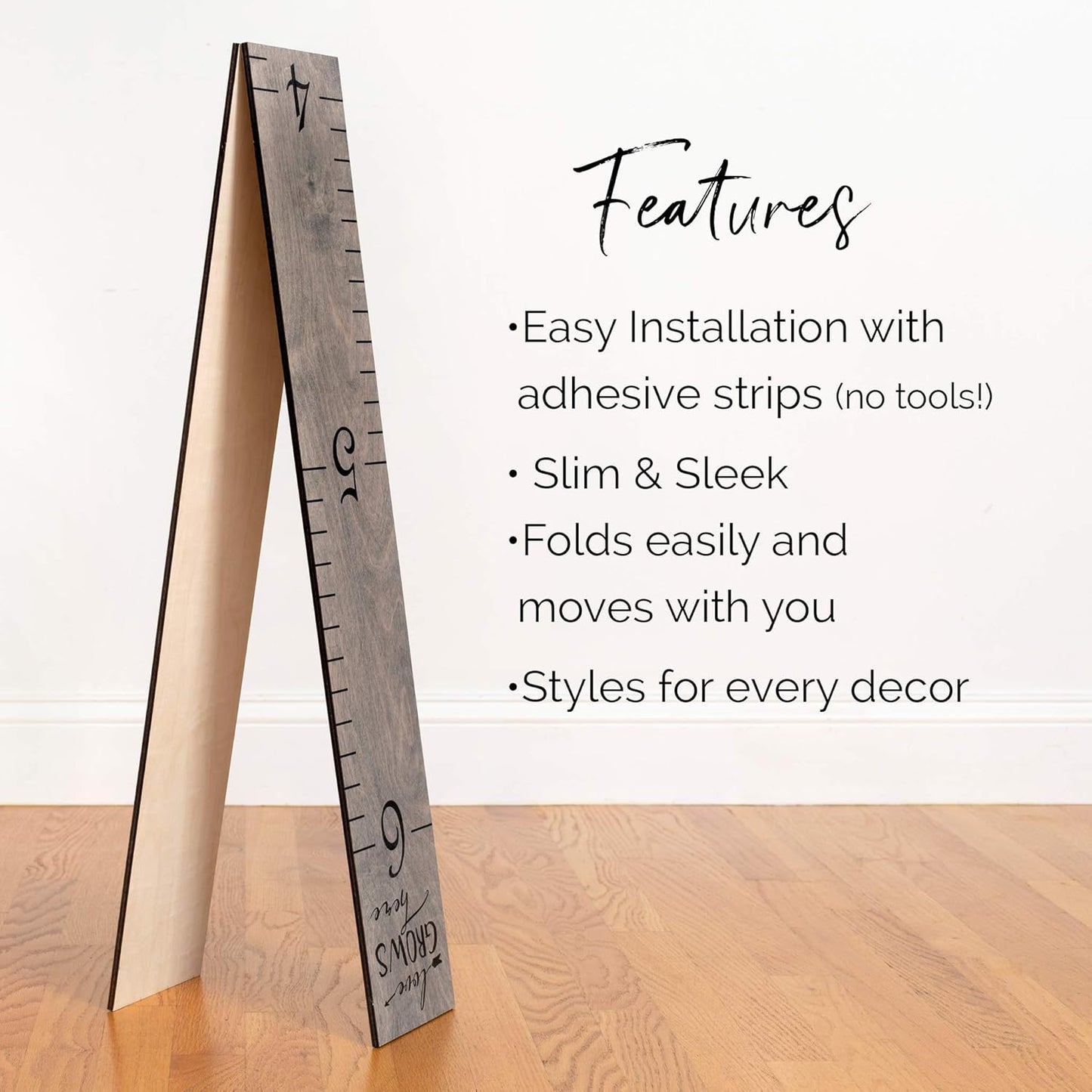 Wooden Growth Chart for Wall - Height Growth Chart for Kids, Kid Height Wall Chart, Height Measurement for Wall, Height Chart for Kids - Love Grows Here, Skinny Grey (63""x5.75"")
