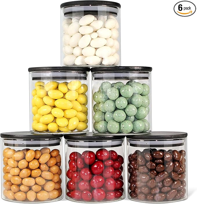 Urban Green Glass Jars with Airtight Black Lids, Food Storage Container with Airtight Lids, Glass Canisters Sets, Kitchen Food Storage Containers (6 Sets of 20oz)