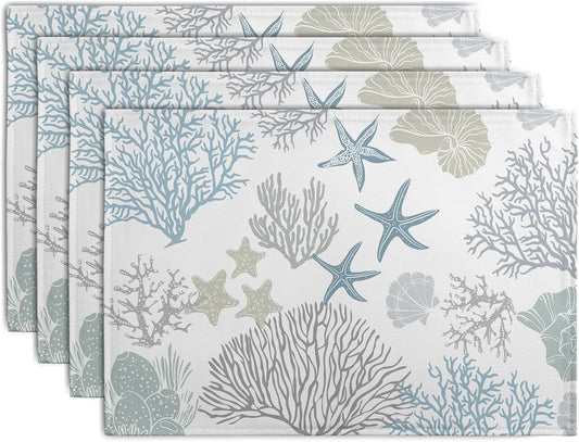 Summer Linen Placemats Set of 4 Nautical Coastal Theme Washable Non-Slip Heat Resistant Table Place Mat 12×18 Inch Ocean Beach Blue Grey Coral Starfish Place Mats for Kitchen Dining Table