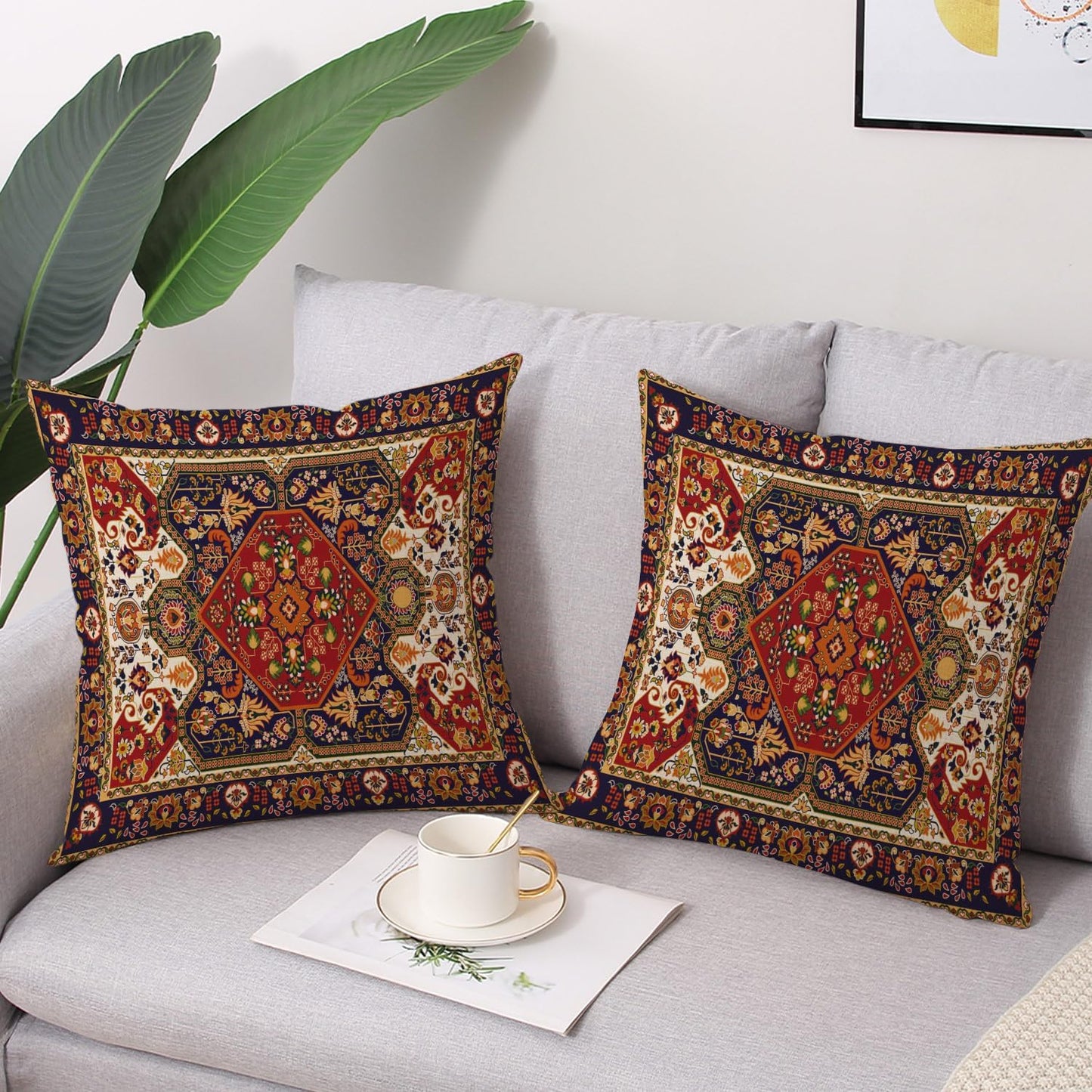 Outdoor Waterproof Pillow Covers 18X18 Inch Set of 2 Tribal Abstract Red and Yellow Vintage Carpet Pattern Decorative Farmhouse Pillow Covers for Couch Garden Balcony