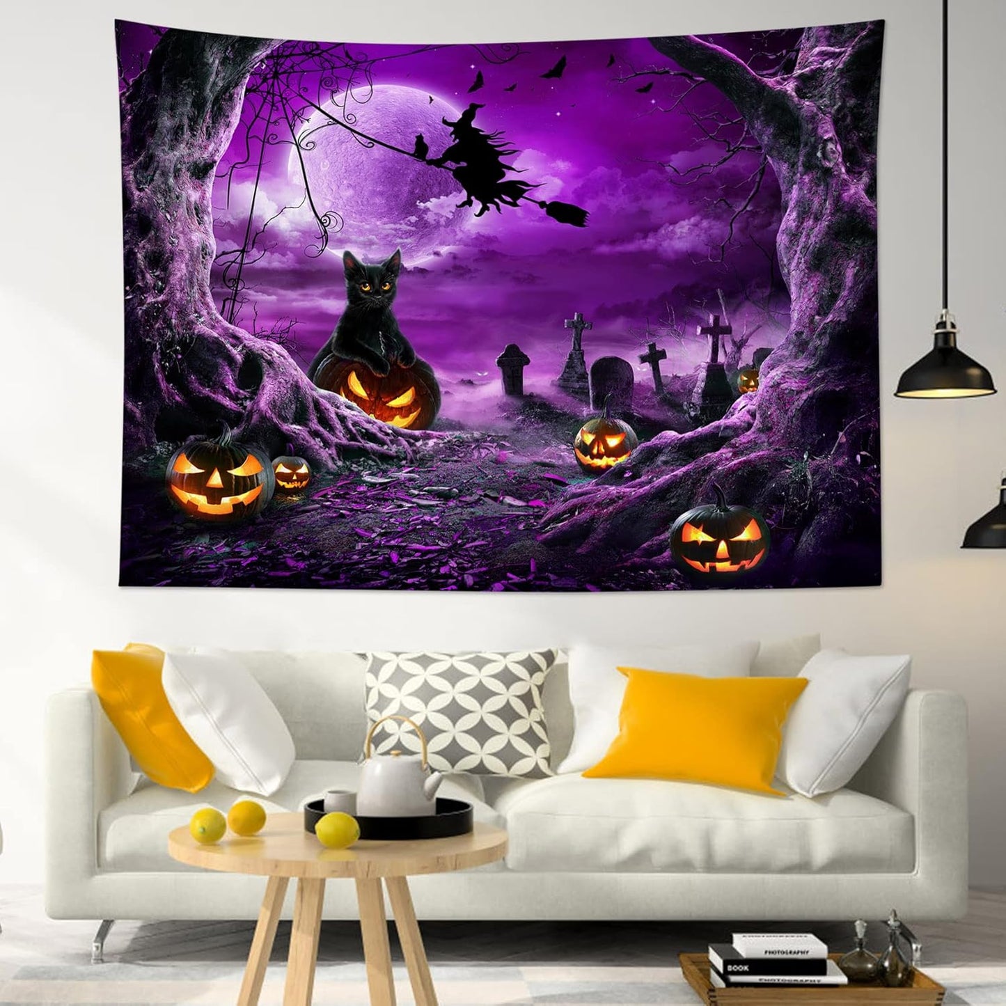LB Halloween Wall Art - Horror Witch Cat and Dead Tree Pumpkin Lights with Spooky Graveyard Purple Full Moon over Misty Forest Wall Tapestry for Bedroom and Living Room - 80x60 Inches