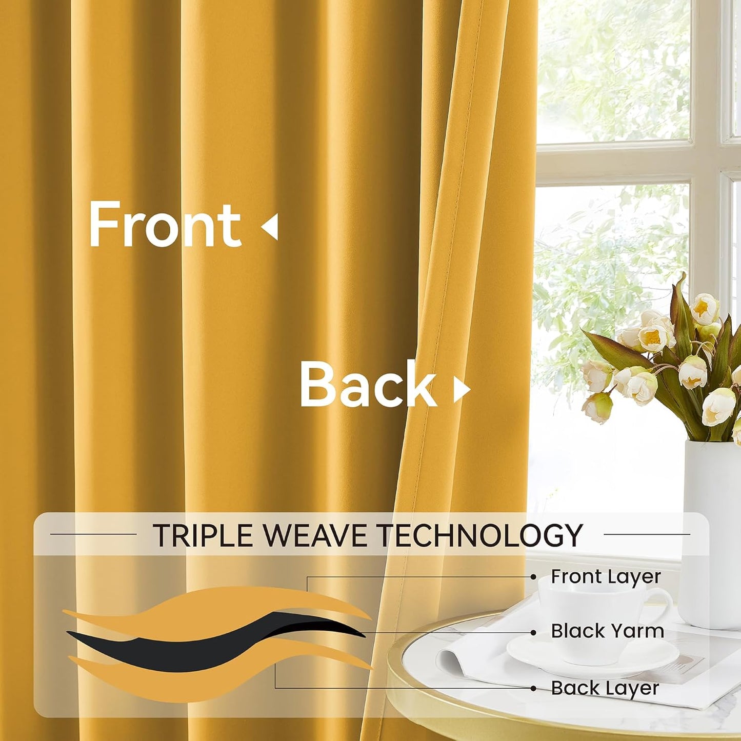 KangBang Room Darkening Yellow Curtains 108 Inches Long, Pinch Pleated Thermal Insulated Luxury Window Treatments for Living Room Dining with Hooks, Heat Blocking Pleated Drapes(40"x108"x2)