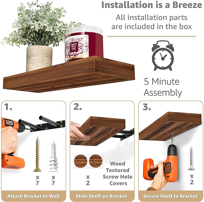 Sorbus Floating Shelves for Wall, Bathroom Shelves Wall Mounted for Kitchen, Bedroom, Bathroom Storage Over Toilet, Hanging Book Shelf for Home Decor Living Room (Walnut, 2 Pack)