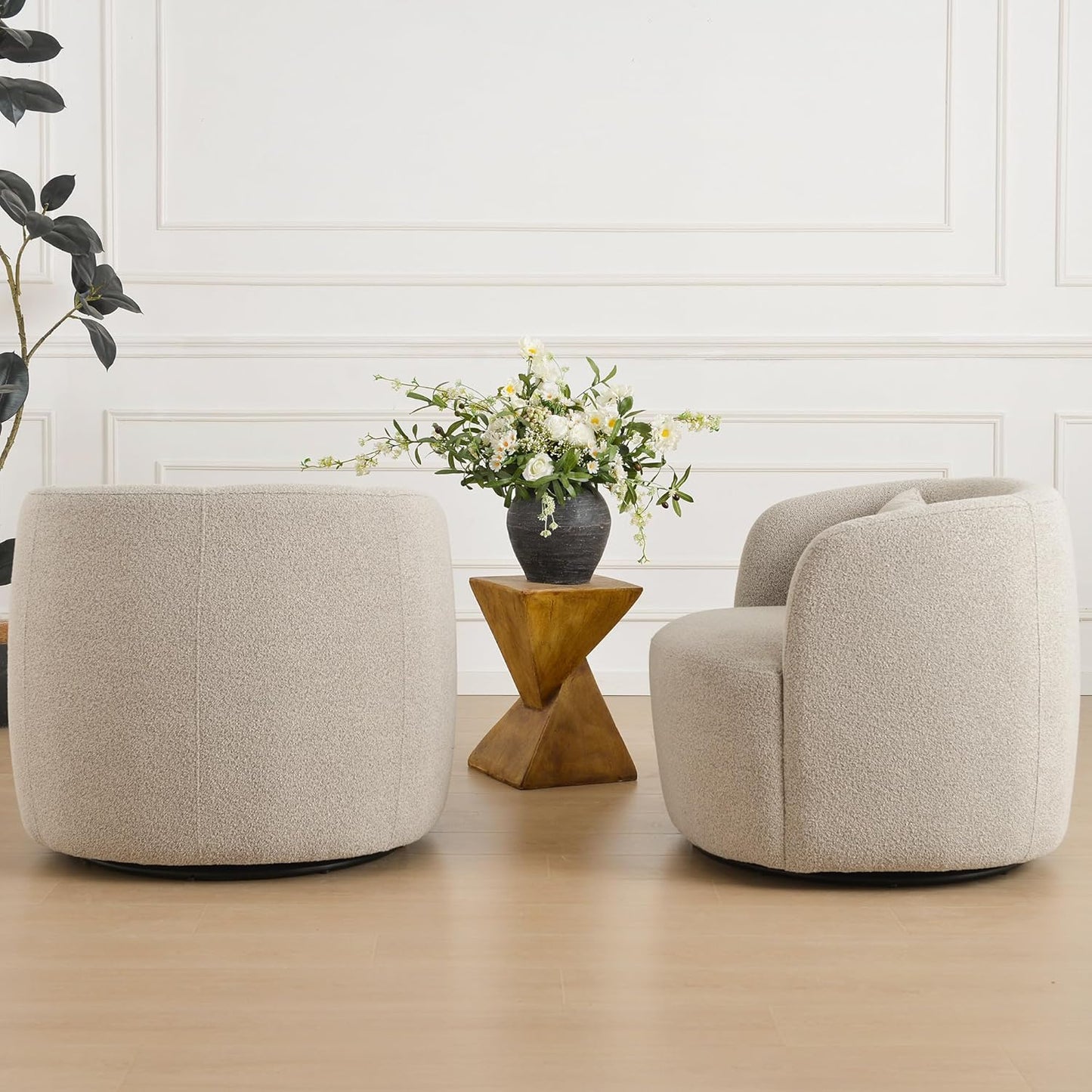KINWELL 34" Wide Sherpa Swivel Barrel Chairs Set of 2, No Assembly Round Boucle Upholstered Accent Chairs Armchairs Single Sofa Chair with Toss Pillow for Living Room and Bedroom, Taupe
