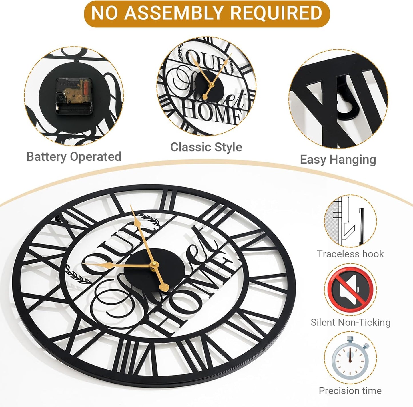 LBC.JzJu24inches/60cm Large Wall Clocks Battery Powered No Ticking Silent Round Black Modern Unique Metal Wall Clocks Suitable Living Room Kitchen Bedroom Fireplace Office Farmhouse。
