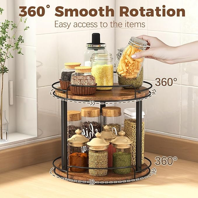 LAMU 10.2'' Wood Lazy Susan Turntable Organizer for Cabinet, 2 Tier Lazy Susan Spice Rack Organizer for Kitchen, Table Top, Countertop, Pantry, Medicine Organizer
