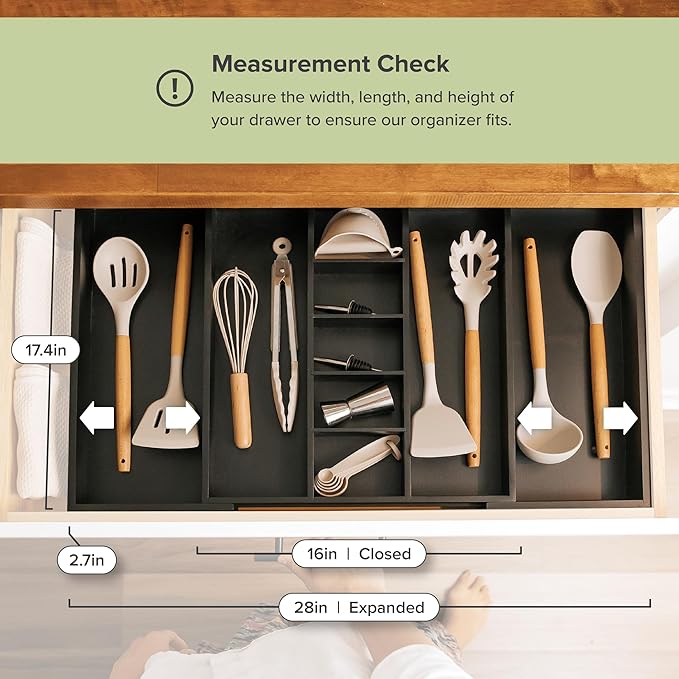 Adjustable Kitchen Drawer Organizer for Utensils and Junk, Food-Safe Contract Grade with 100% Sustainable Wood, Expandable from 16 to 28 Inches Wide - Black Bamboo