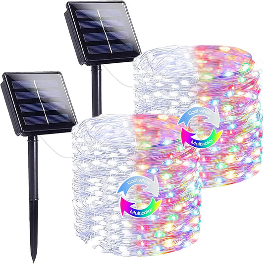 SANJICHA Cool White and Multicolor Color Changing Solar String Lights, Extra-Long 2PK 144FT 400LED Solar Fairy Lights Outdoor Waterproof, Copper Wire 8 Modes for Garden Party Wedding Decorations