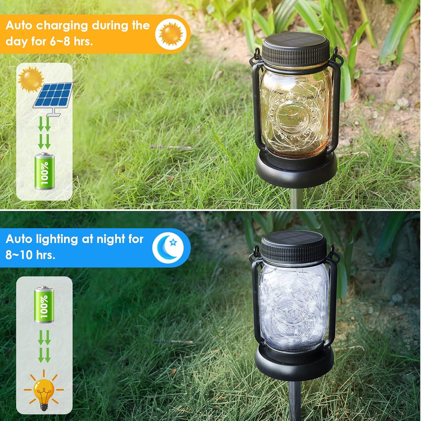 Mlambert Cool White 4 Pack Solar Hanging Mason Jar Lights with Stakes, Waterproof Decorative 30 LEDs Outdoor Solar Lantern Lamp Patio Garden Tree Yard