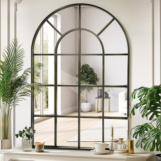 Arched Windowpane Wall Mirror 24"x36" Bronze Wall Mounted Art Pane Mirror Farmhouse Decorative Mirror Leaning Hanging Wall Mirror for Bedroom Living Room Entrance Hallway Wall Decor