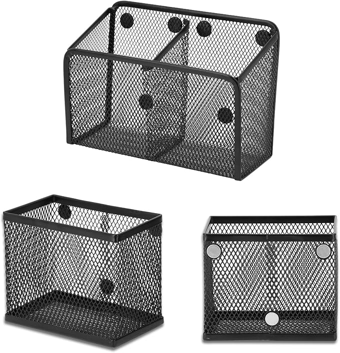 Neudeco Locker Shelf Organizer, Magnetic Pencil Holder, Metal Storage Basket for Whiteboard, Refrigerator, Ideal Cabinet for School, Black (Pack 3L)