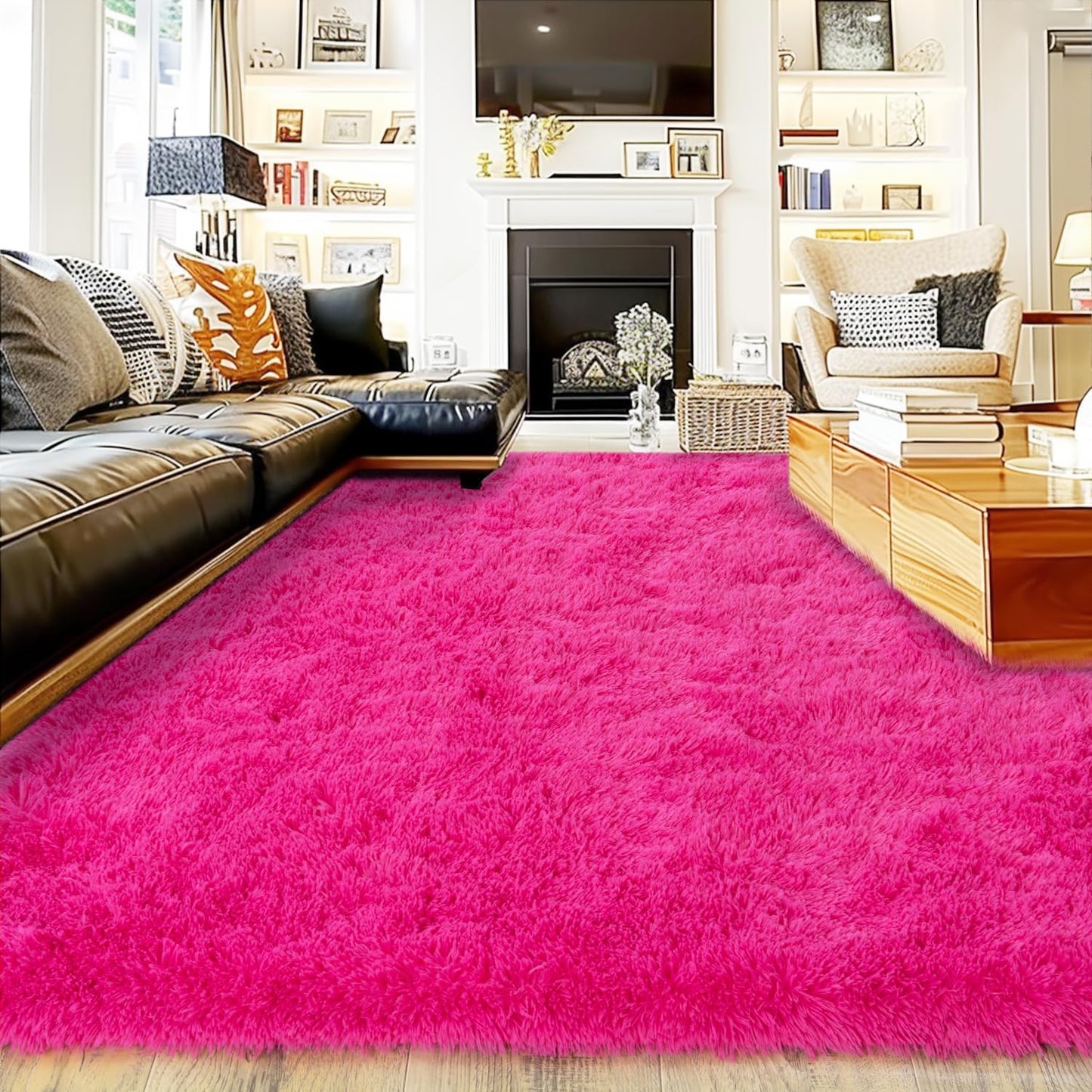 Extra Large Fluffy Area Rug for Bedroom Living Room, 9x12 Feet Hot Pink Modern Indoor Carpets Room Colorful Rugs, Plush Indoor Nursery Classroom Home Decor Bedside Rug with Non-Slip Bottom