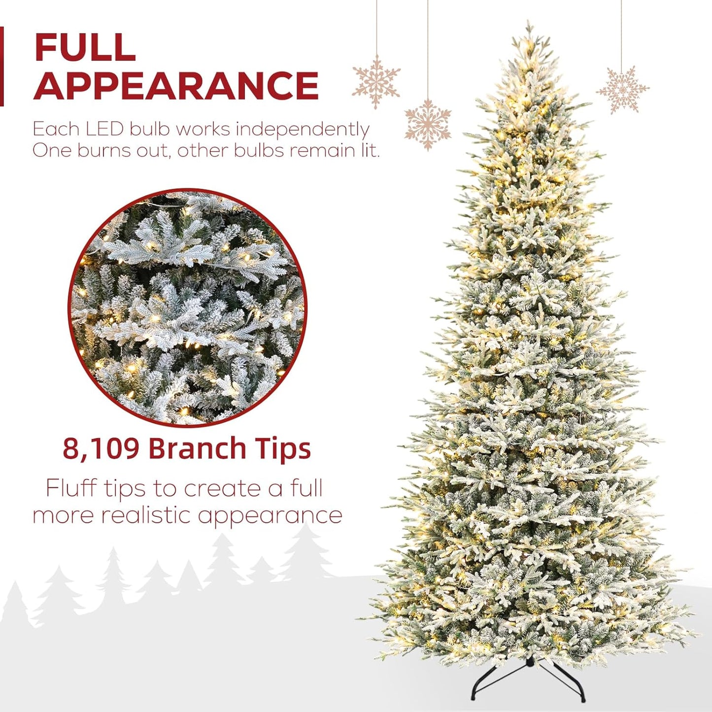 Hykolity 12 ft Prelit Snow Flocked Artificial Christmas Tree, 8109 PE&PVC Branch Tips, 850 Warm White LED Lights, Easy Assembly with Metal Stand and Hinged Branches