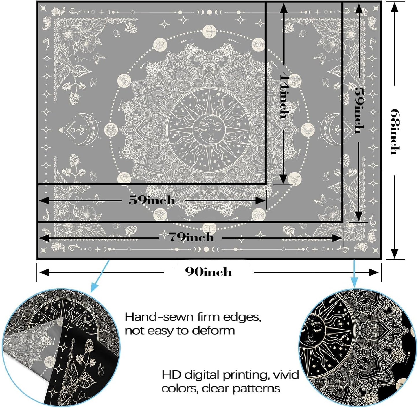 Lunerfex Sun and Moon Mandala Tapestry Boho Tapestry for Bedroom Black and White Tapestries Wall Hanging Living Room Wall Art and Home Decor 44x60