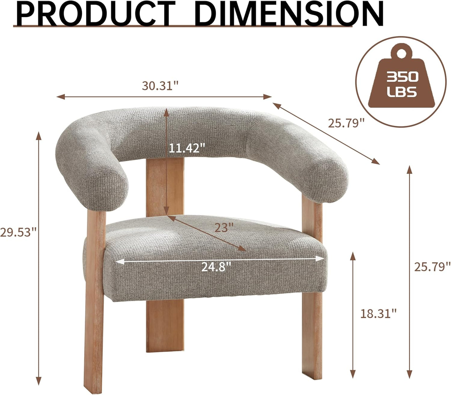 VKNOW Accent Chair Living Room Chair, Modern Upholstered Armchair with Solid Wood Legs, Comfy Barrel Arm Chairs for Living Room Bedroom, Light Grey