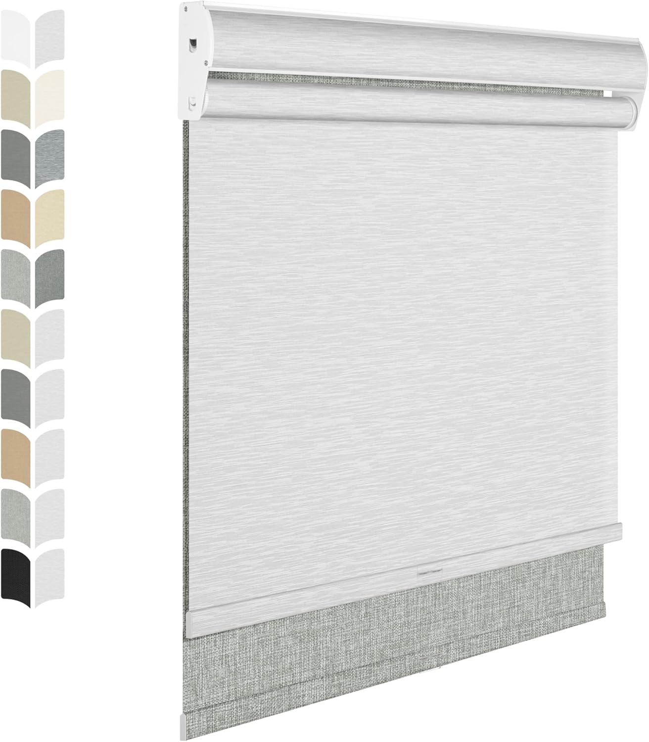 BERISSA Cordless Dual Roller Shades with Cassette Valance, Double Window Shades - Blackout and Light Filtering, Day and Night for Home Office Door. Linen Grey and White. 43 W x 56" H