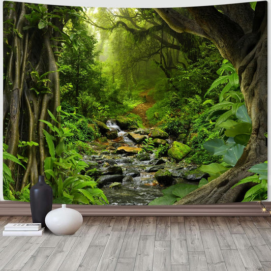 AMM Green Rainforest Tapestry Nature Forest Tapestry for Bedroom Aesthetic Misty Tropical Jungle Trees Flowing Stream Landscape Tapestries Wall Hanging for Living Room Dorm 90 x 68 Inch