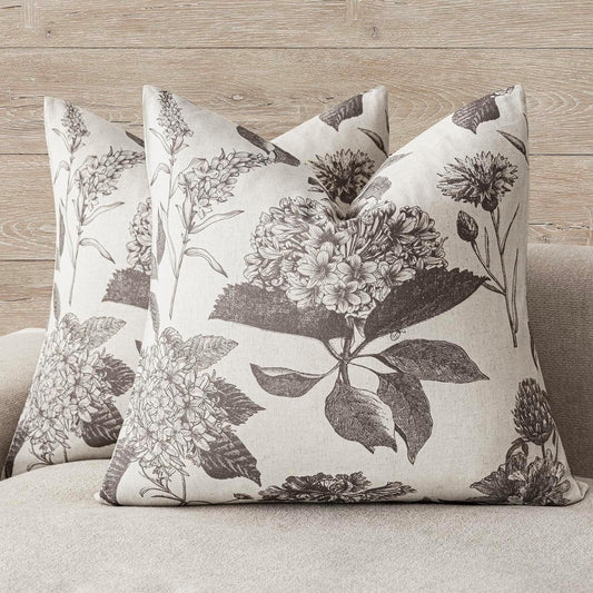 Foindtower Set of 2 Linen Floral Vintage Throw Pillow Covers Neutral Accent Decorative Cushion Covers Farmhouse Boho Home Decor for Sofa Chair Couch Bedroom Living Room Outdoor,20×20 Inch,Light Gray