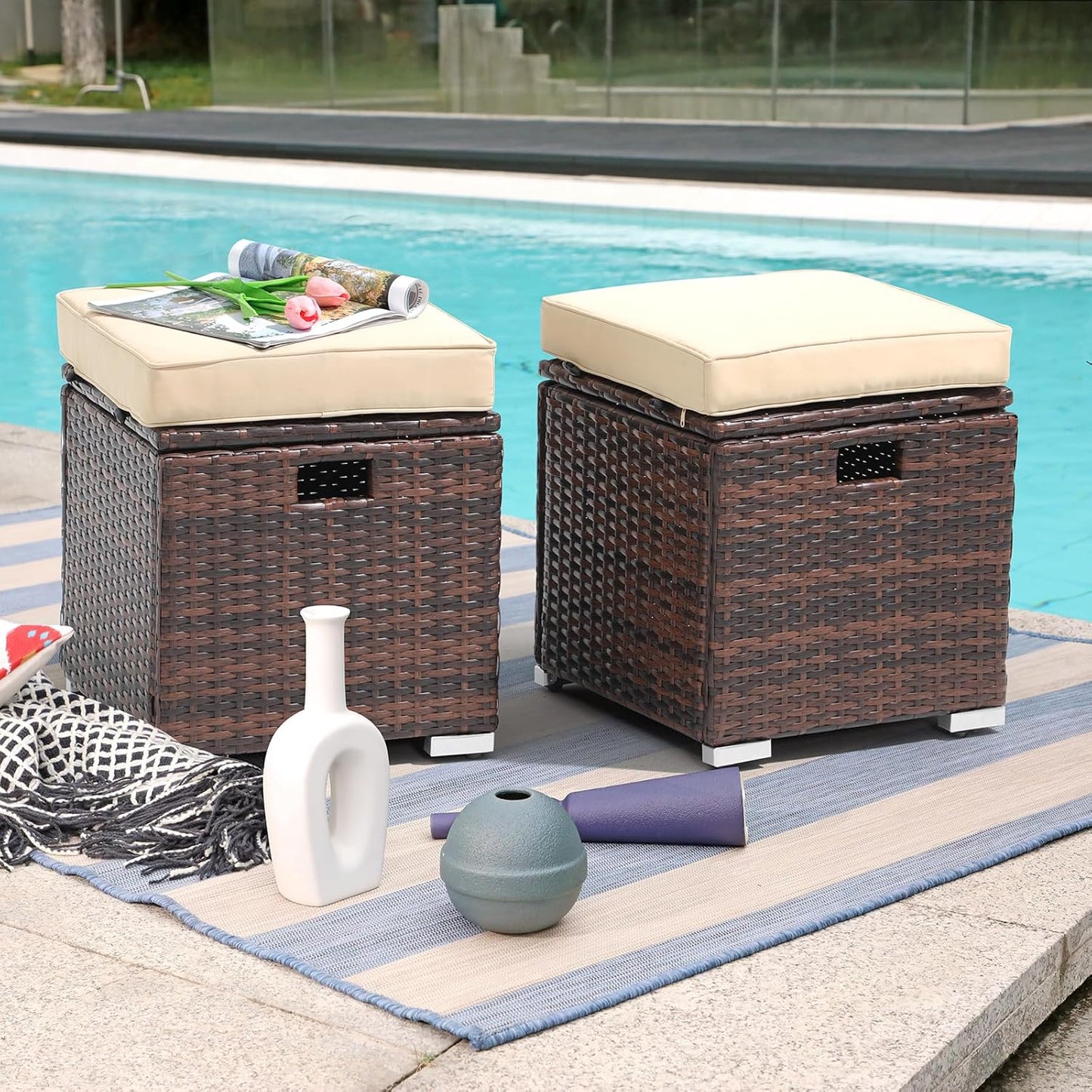 Patiorama 2 Piece Outdoor Patio Ottomans, All-Weather Brown PE Rattan Wicker Ottoman with Storage, Outdoor Footrest Footstool Seat w/Thick Cushion, Built-in Handle for Backyard Poolside Porch (Beige)