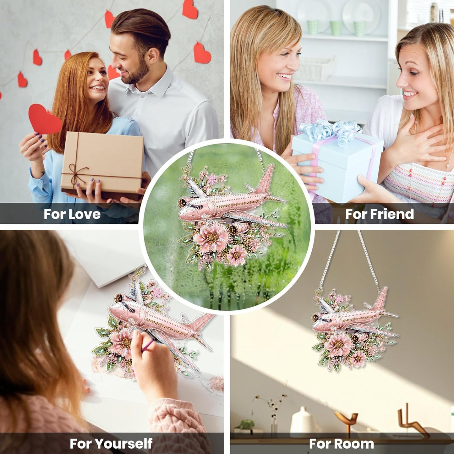 EOBROMD Diamond Hanging Art Kits for Adults, Diamond Art Painting Plane Flower Window Pendant Kits Suncatchers, DIY Special Shaped Rhinestone Adults, Home Wall Decor