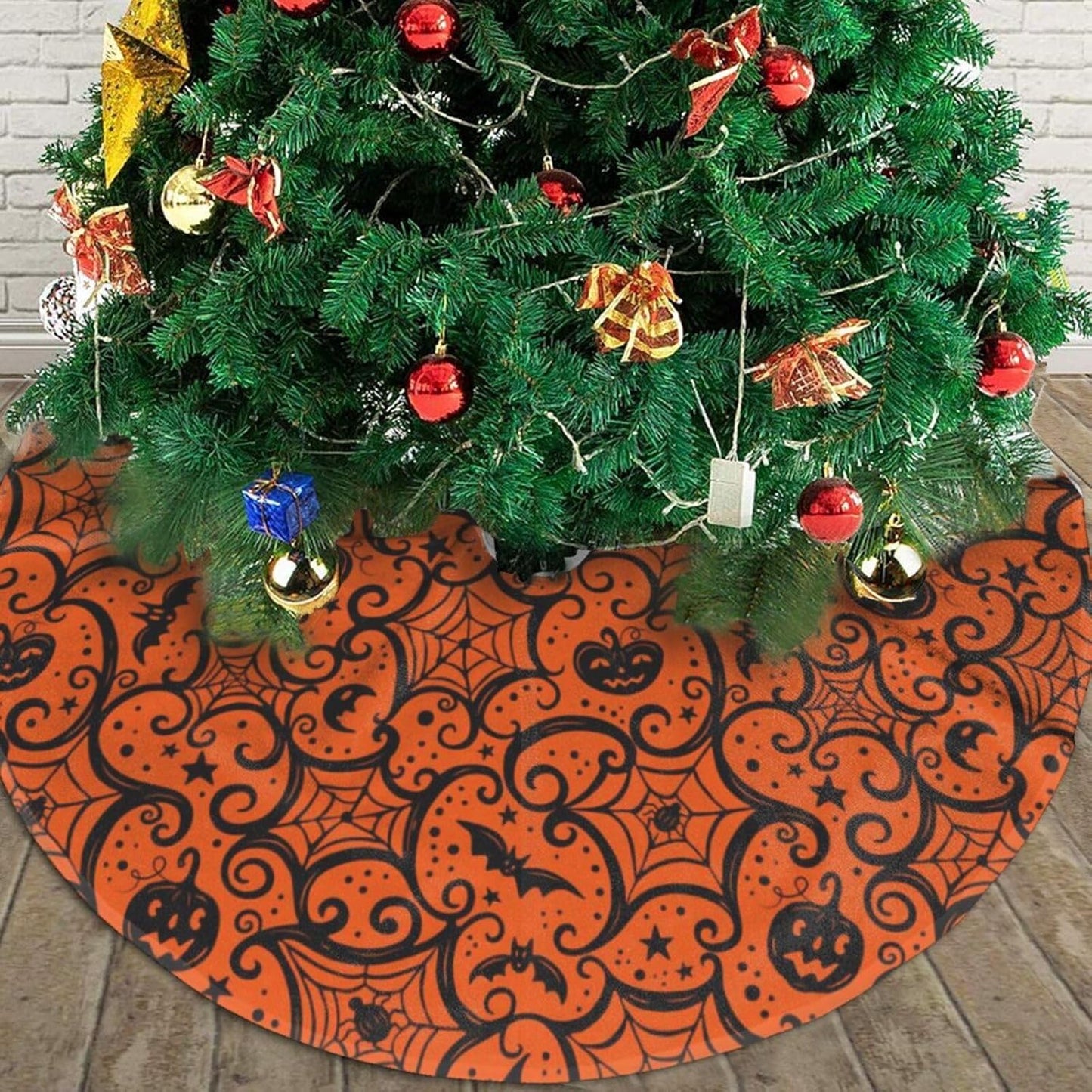Christmas Tree Skirt,Halloween Pumpkin Xmas Tree Skirt Rustic Farmhouse Tree Skirt for Christmas Decor Xmas Holiday Home Party Decorations48