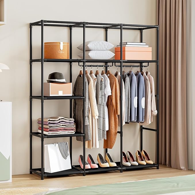 SORCEDAS Portable Wardrobe Closet Storage Organizer Metal Hanging Rack Non-Woven Fabric (Black, 51 Inch)