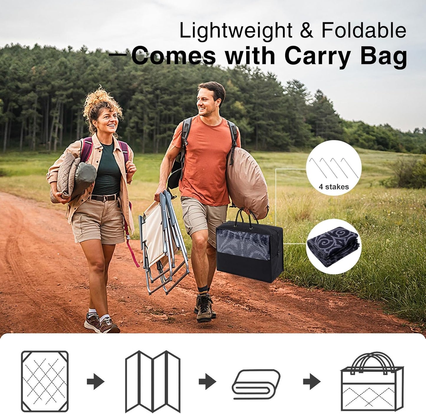 OLANLY Outdoor Rug Waterproof 9x12 ft Clearance, Reversible Outdoor Plastic Straw Rug with Floral Pattern, RV Mat for Patio, Camping, Balcony, Deck, Backyard, Black & Grey