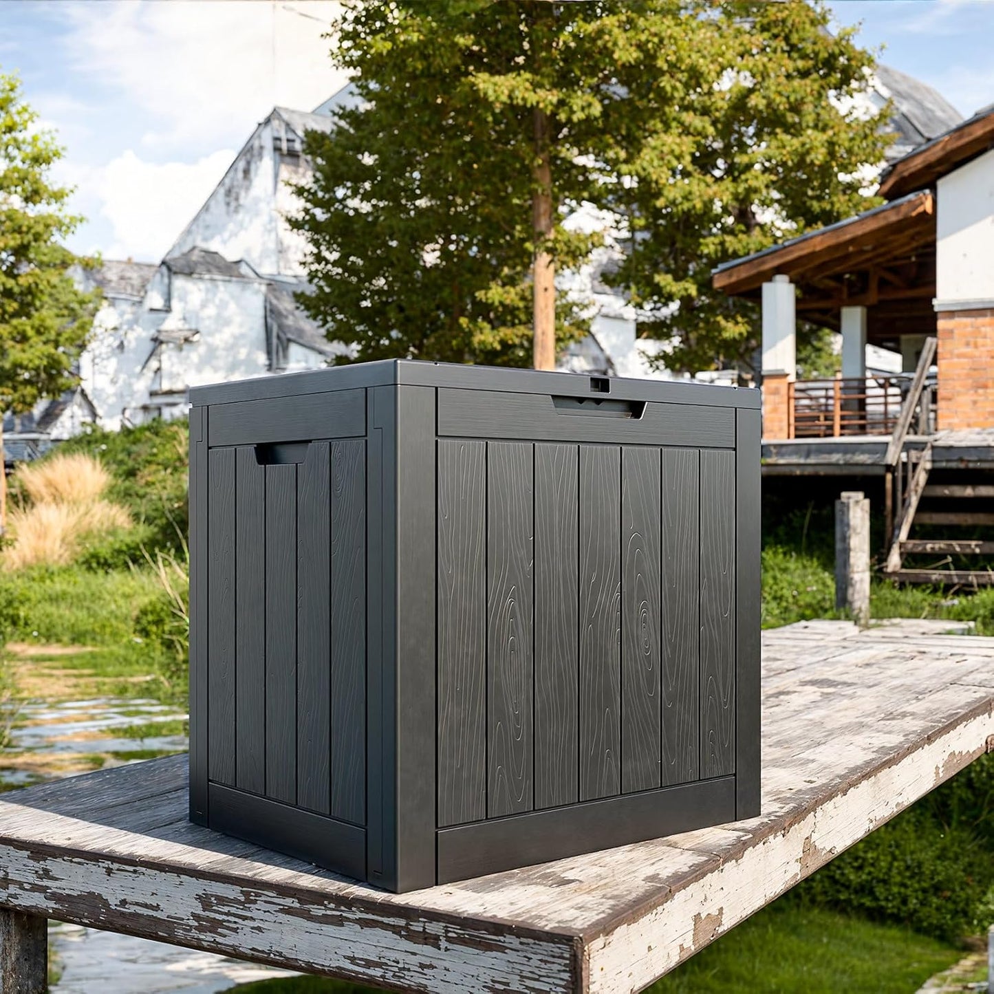 30 Gallon Outdoor Deck Box,Storage Lockable Waterproof Patio Furniture,Garden Tools,Cushions,Pool Accessories Outside Storage Resin Box(Black)