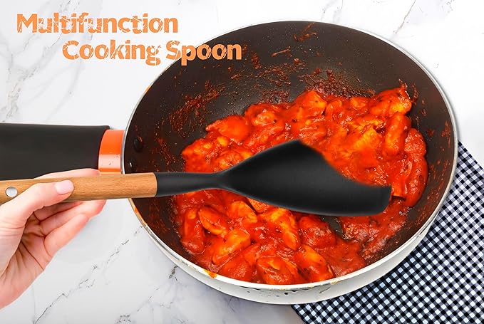 Silicone Cooking Utensils Set, 6 Pack Large Kitchen Utensils Set with Wooden Handle, Heat Resistant Silicone Utensil Spatula Set for Nonstick Cookware, Spatula, Turner, Spoon, Ladle BPA Free (Black)