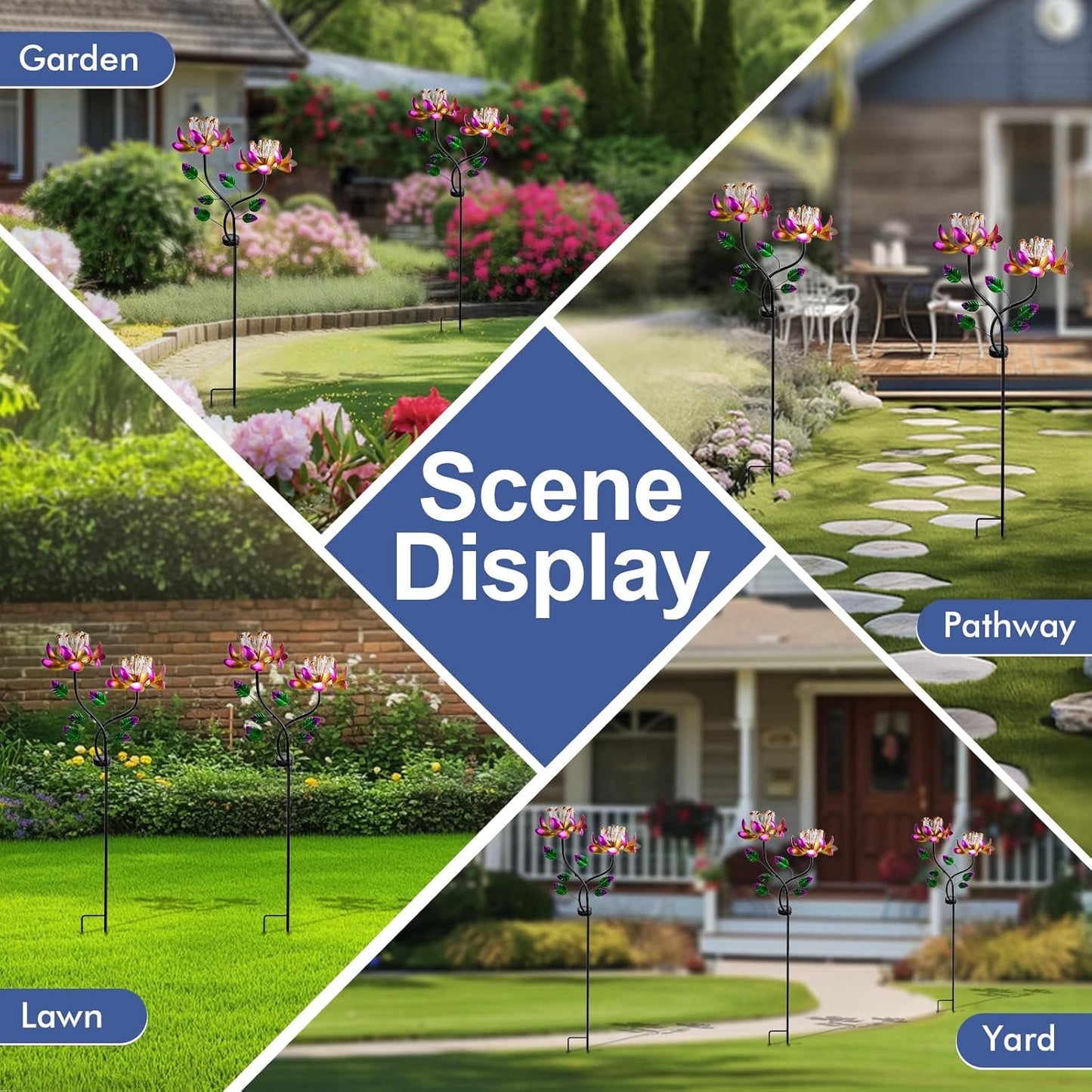 Solar Wind Spinners Pink Twin Flowers for Yard and Garden, Solar Windmill Garden Whirligig Kinetic Spinners Decor for Lawn, Patio, Yard, Metal Wind Outdoor Sculpture