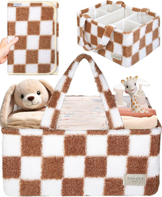 Checkered Diaper Caddy Organizer with Portable Changing Mat - Teddy Fleece Diaper Organizer for Changing Table - Caddy Organizer with Removable Dividers - Light Taupe and White