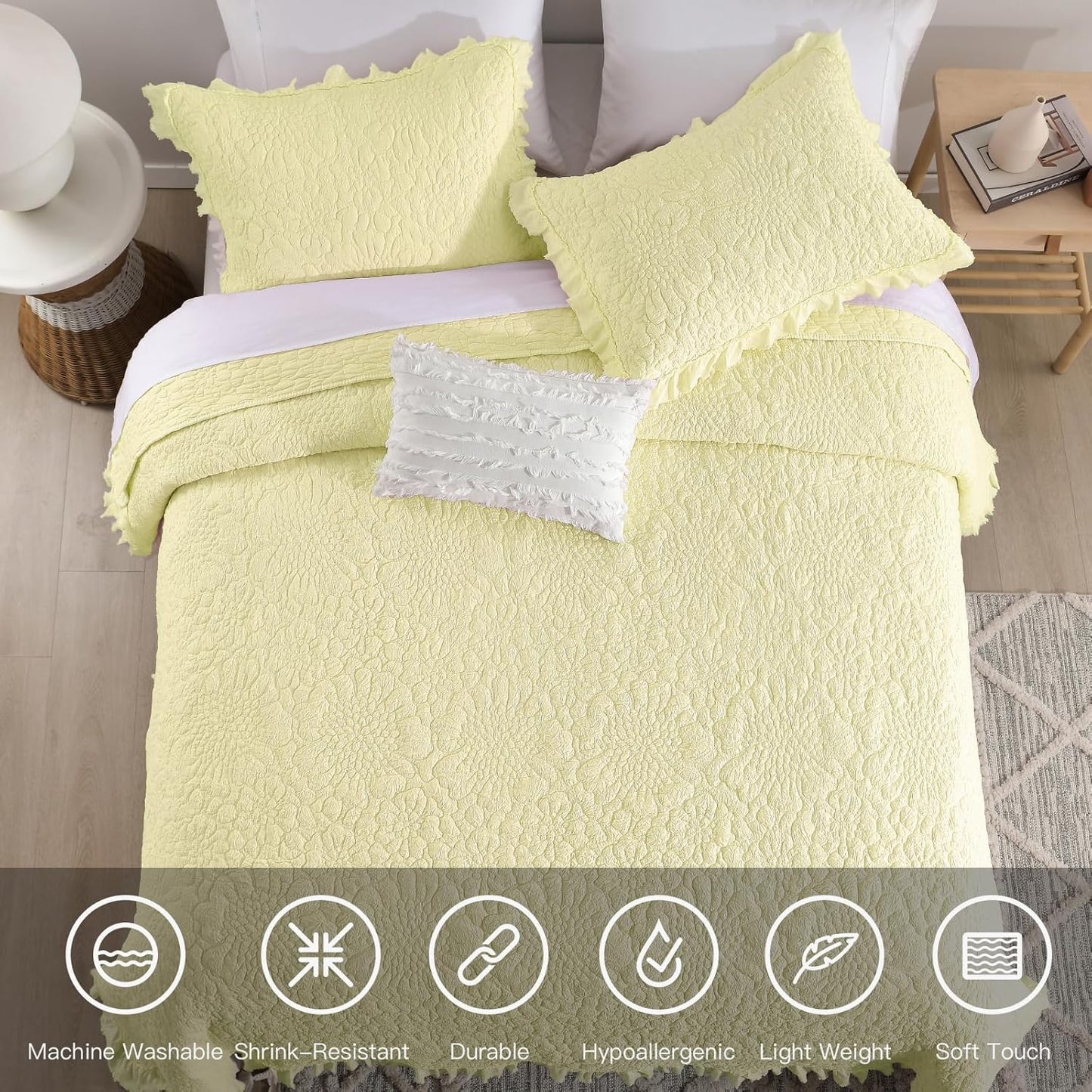 Light Yellow Ruffled Quilt Twin Size, Stone-Washed Microfiber Lightweight Crinkled Farmhouse Rustic Shabby Chic Bedding Set, 2 Pieces Reversible Bedspread with Pillow Sham for All Season