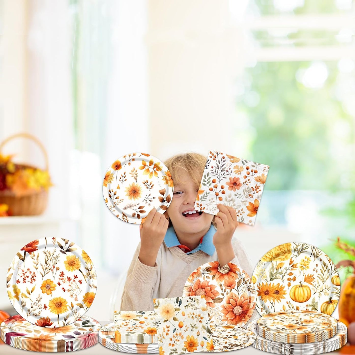 Fall Party Supplies - 60Pcs Autumn Thanksgiving Plates and Napkins Pumpkin Maple Leaf Table Decorations for Fall Birthday,Thanksgiving Party