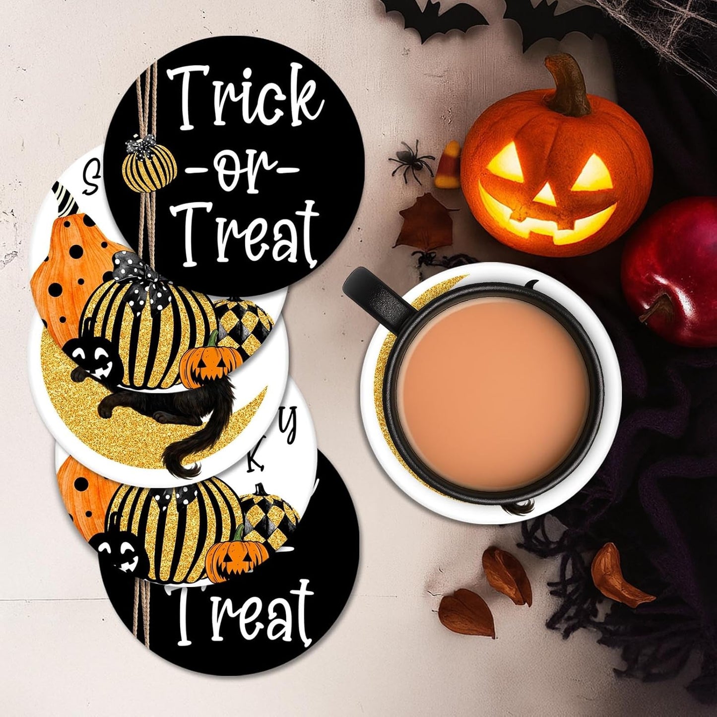 Coaster for Drinks Set of 6, Halloween Boo Black Cat Trick or Treat Spooky Pumpkin Bat Absorbent Round Ceramic Stone Mat, with Cork Base and Metal Holder, Gift for Housewarming Room Bar Decor