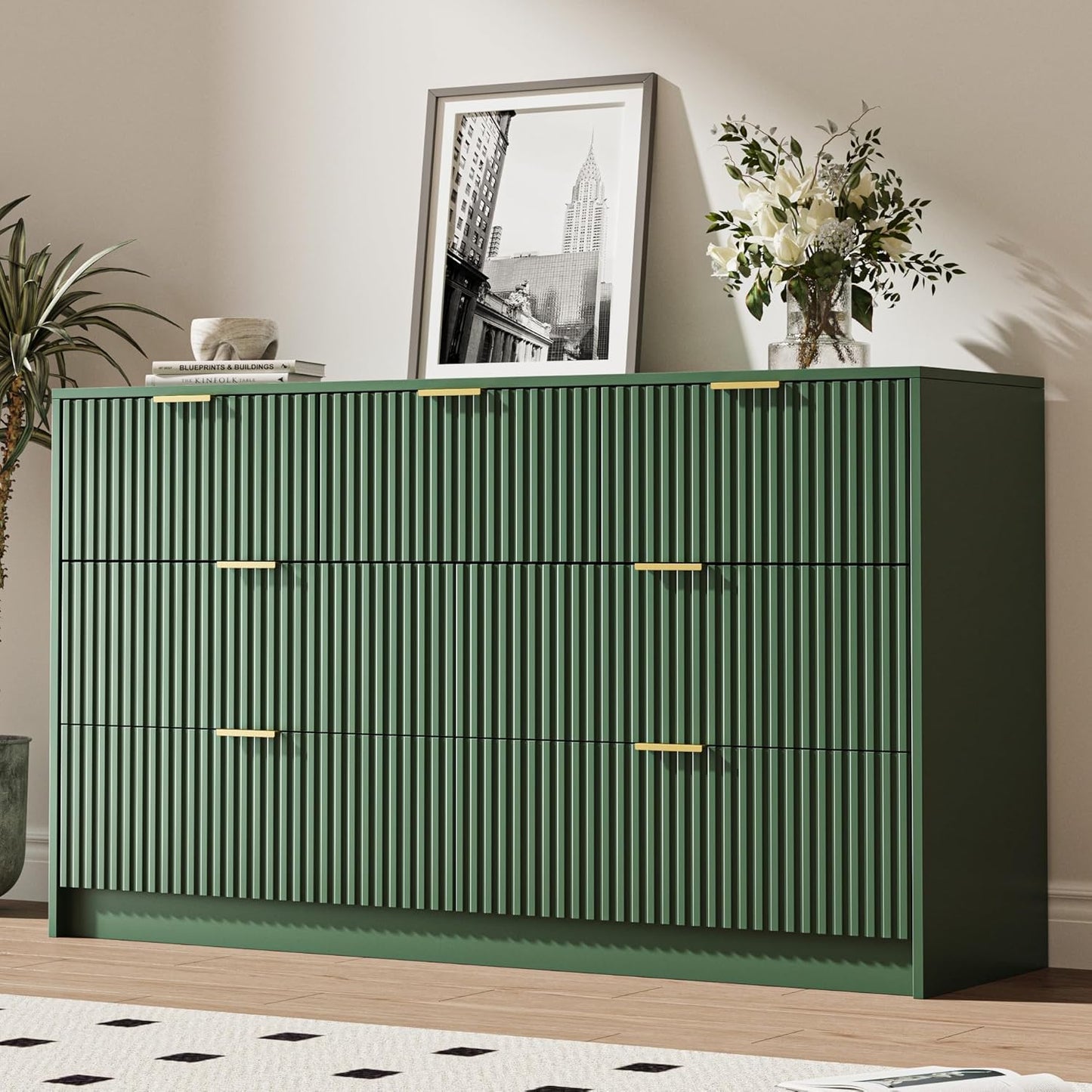 Green 7 Drawer Dresser for Bedroom, Modern Fluted Dresser with Gold Metal Handles, Wide Chest of Drawers for Bedroom, Living Room, Entryway, Hallway, 55.9" L x 15.7" D x 31.4" H
