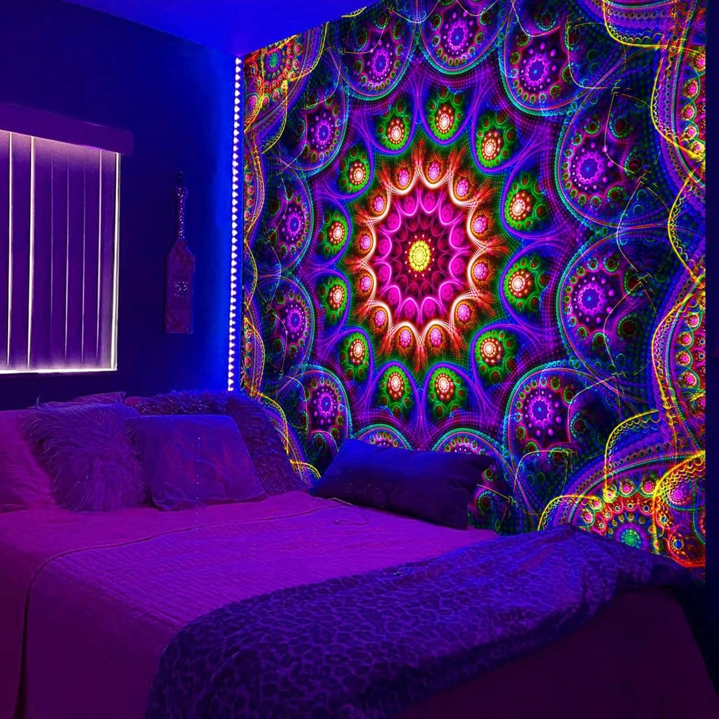 Blacklight Trippy Mandala Tapestry, Boho Black Light Posters for Adults UV Reactive Room Decor for Bedroom Wall (80 x 60 Inches)