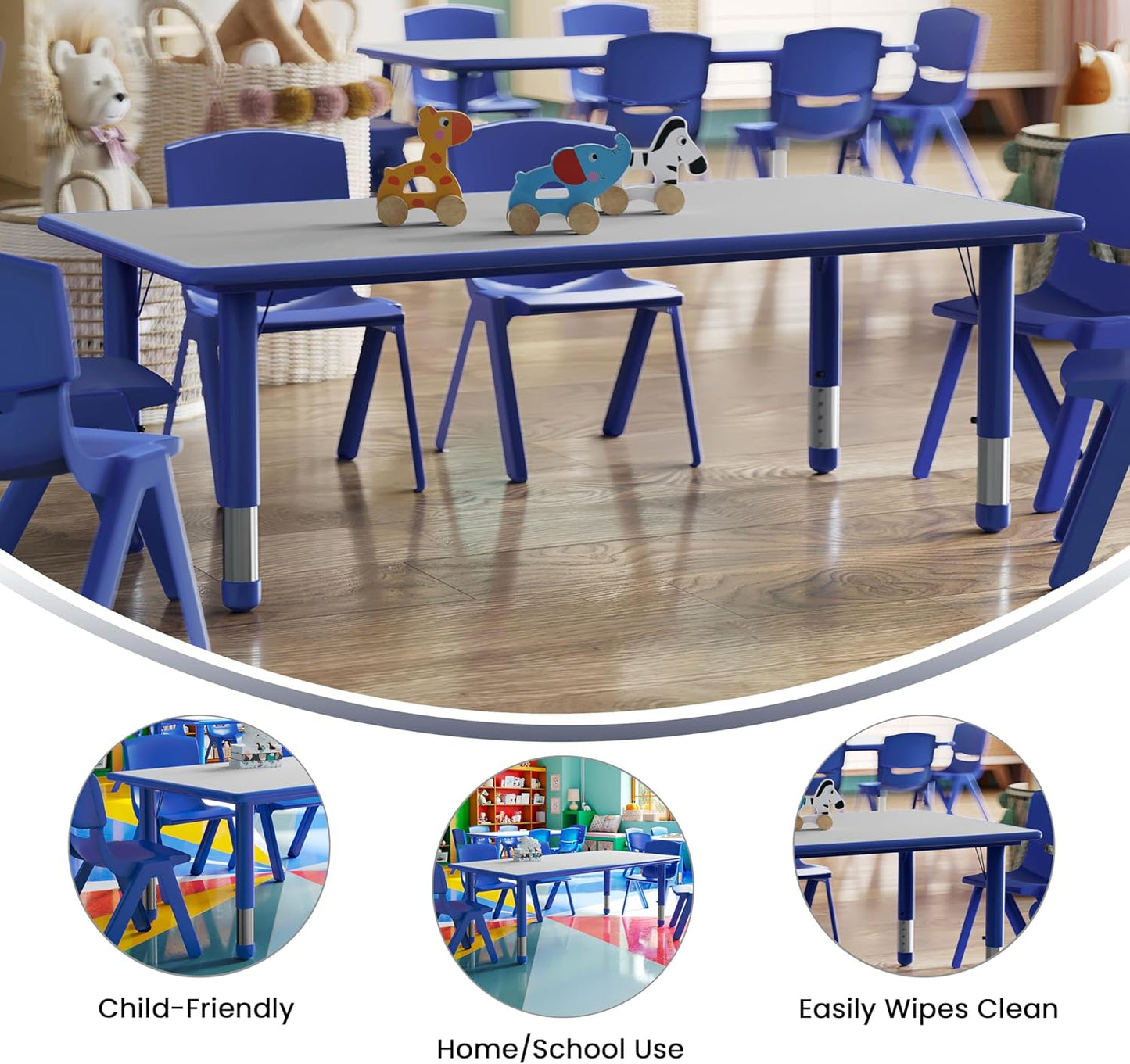 Flash Furniture Wren Adjustable Classroom Activity Table for School and Home, Plastic Activity Table for Kids, 23.625" W x 47.25" L, Gray/Blue