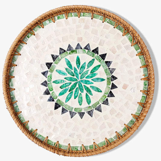 Round Rattan Tray with Mother of Pearl Inlay & Wooden Base - Decorative Wicker Serving Tray for Coffee/Bread/Fruits, Food Storage & Display - Multipurpose Home Decor (M,Bohemia)
