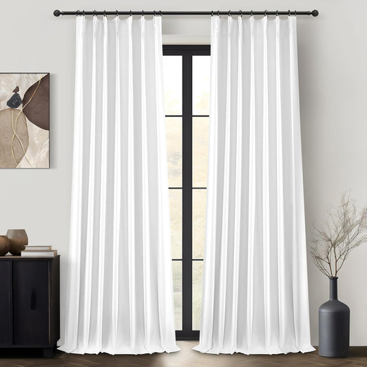 Pinch Pleated Bright White Blackout Curtains 105 Inches Long for Bedroom 2 Panels Set, Modern Linen Blend Heavy Thermal Decor Curtain Room Darkening Privacy Office /Kids Room Window Drapes 40"Wx105"L