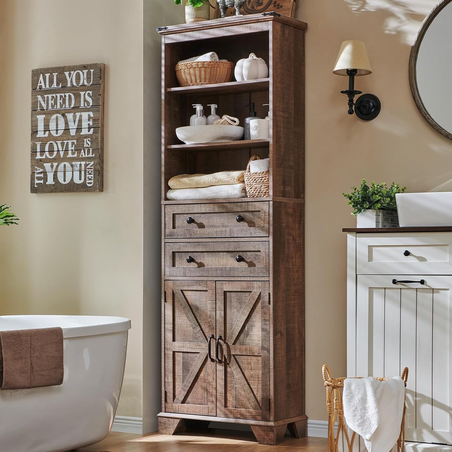 Farmhouse Bathroom Cabinet, 72" Tall Storage Cabinet with 2 Drawers, Adjustable Shelves & Barn Door, Cabinets for Bathroom, Living Room, Kitchen, Rustic Brown