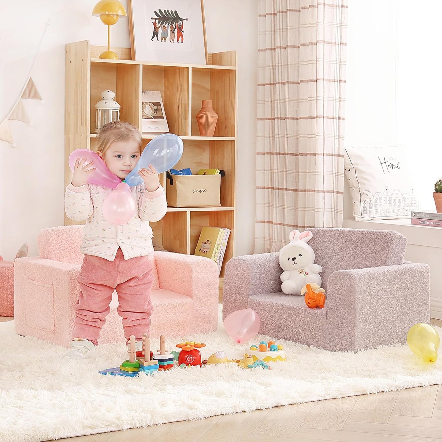 Toddler Chair Sherpa Kids Couch, 2-in-1 Toddler Soft Kids Sofa Toddler Lounger Chair for Bedroom, Convertible Toddler Couch for Girls and Boys, Reading Chair for Kids, Grey