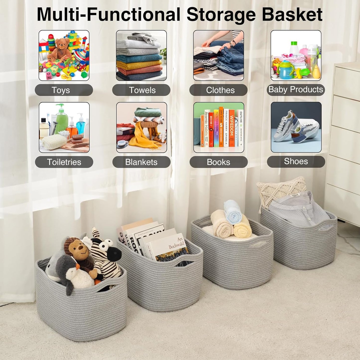Storage Baskets for Organizing & Shelves, Woven Cotton Rope Organization Bins for Dog Toys, Clothes, Books, Nursery Organizer, 15" Lx11 Wx9.5 H, (4 Packs) Grey