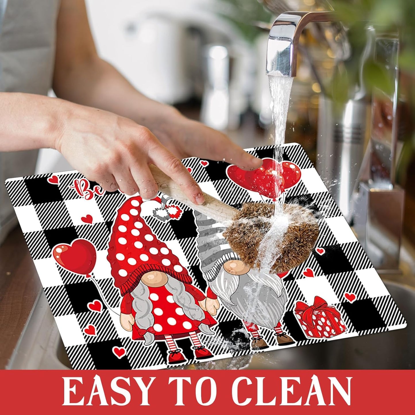 Valentine's Day Placemats Set of 6 Gnomes Plastic Table Mats Buffalo Plaid Place Mats Washable Vinyl Love Hearts Table Decoration for Anniversary Wedding Party Kitchen Dining Table