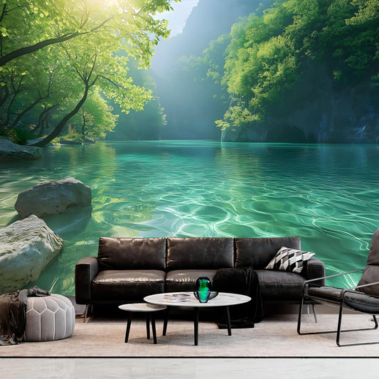 BSFHH Nature Tapestry Forest Tree Sea Cave Wall Hanging, Stream Through Rainforest Landscape Wall Art Tapestry for Bedroom Living room (Lake View, 110" × 87", Unframed)