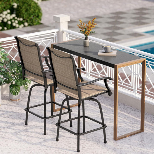 PHI VILLA 3 Piece Outdoor Bar Set, Bar Height Patio Table and Chairs with Brown Padded Textilene Fabric & Rustproof Metal Frame for Backyard, Balcony, Garden & Poolside