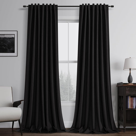 BOODII 108 Inch Black Out Curtains 2 Panels Set Back Tab Thermal Insulated Black Linen Textured Blackout Curtains Noise Reducing for Farmhouse Living Room Darkening Window Drapes 52x108