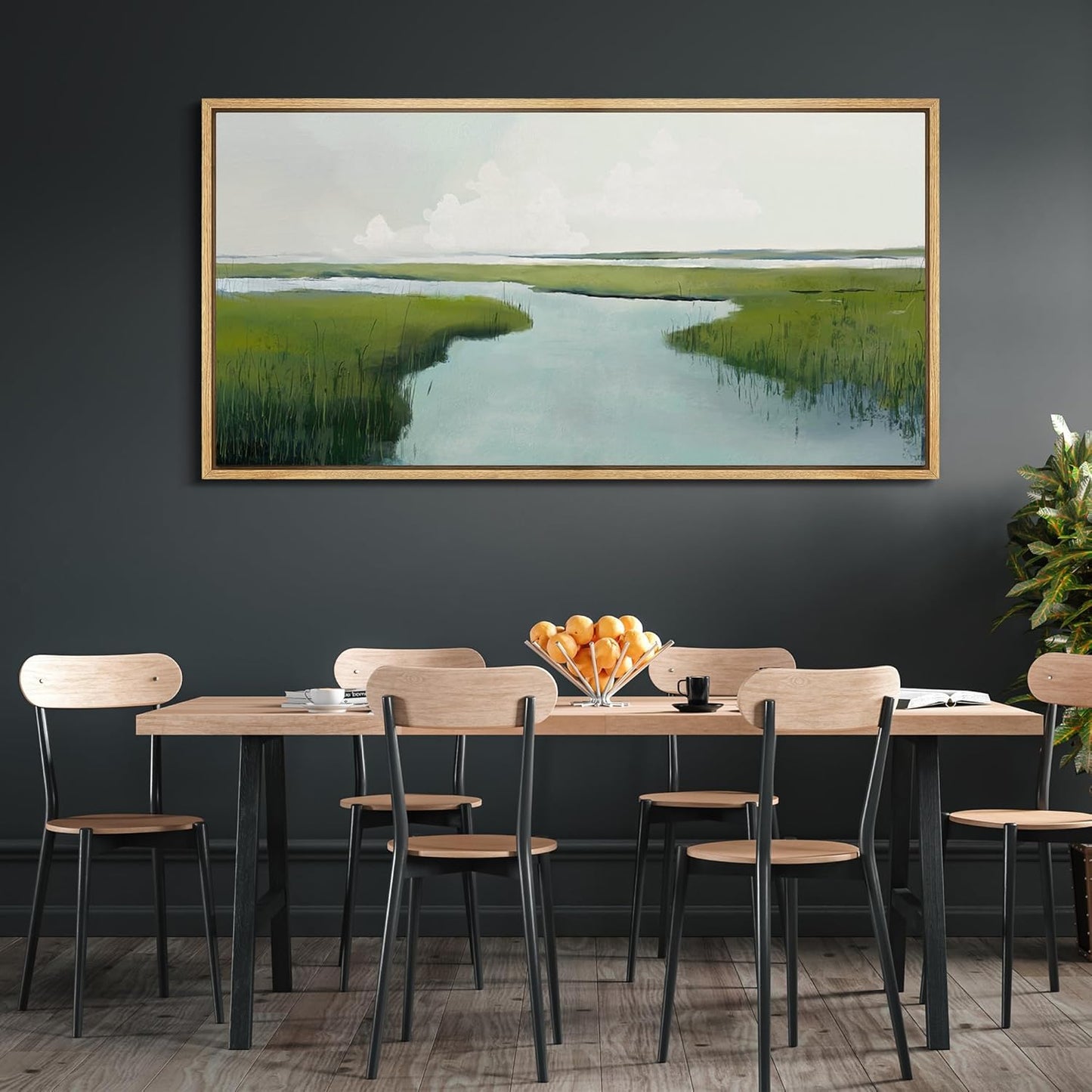 MUDECOR Extra Large Framed Canvas Print Wall Art Serene Marshland Landscape Green and Blue Peaceful Illustrations Antique Retro Fine Art Illustrations Decorative Colorful for Bedroom - 60"x30"