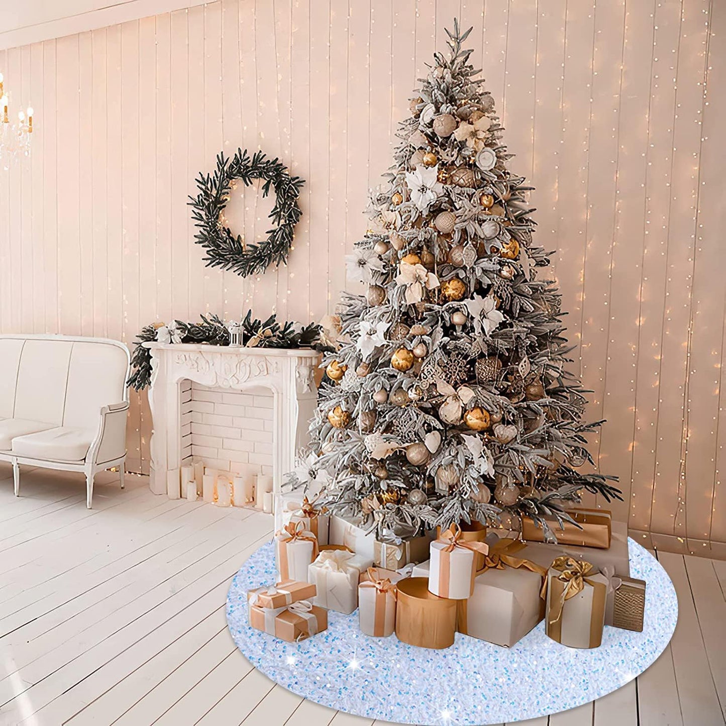 MODFUNS Sequin Christmas Tree Skirt Iridescent White Sparkle Tree Skirt 46 Inch Velvet Xmas Tree Mat Thick Bling Tree Skirt Christmas Decoration Shimmer Tree Cover Skirt for Merry Christmas Party