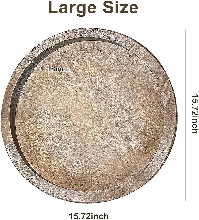 Round Wood Decorative Tray - Brown Washed Bead Tray for Coffee Table Wood Serving Tray Wooden Trays Decor Kitchen Counter Circle Tray Vintage Centerpiece for Living Room Candle Holder (15.75 inch)