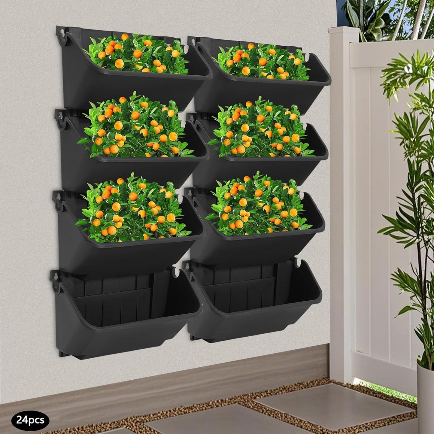 24PCS Vertical Wall Planter, 13 inch Wall Mounted Garden Planters, Plastic Wall Hanging Planter with Drainage Holes, Wall Planters for Patio Outdoor Decor, Balcony Plant Hanging Flowerpot (Black)